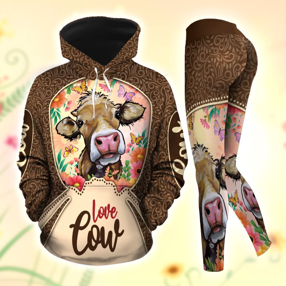 Cow Flower Vintage 3D Printed Sublimation Leggings Hoodie Set Hooded Sweatshirt Comfy Yoga Pants Tummy Control AAA130106TA
