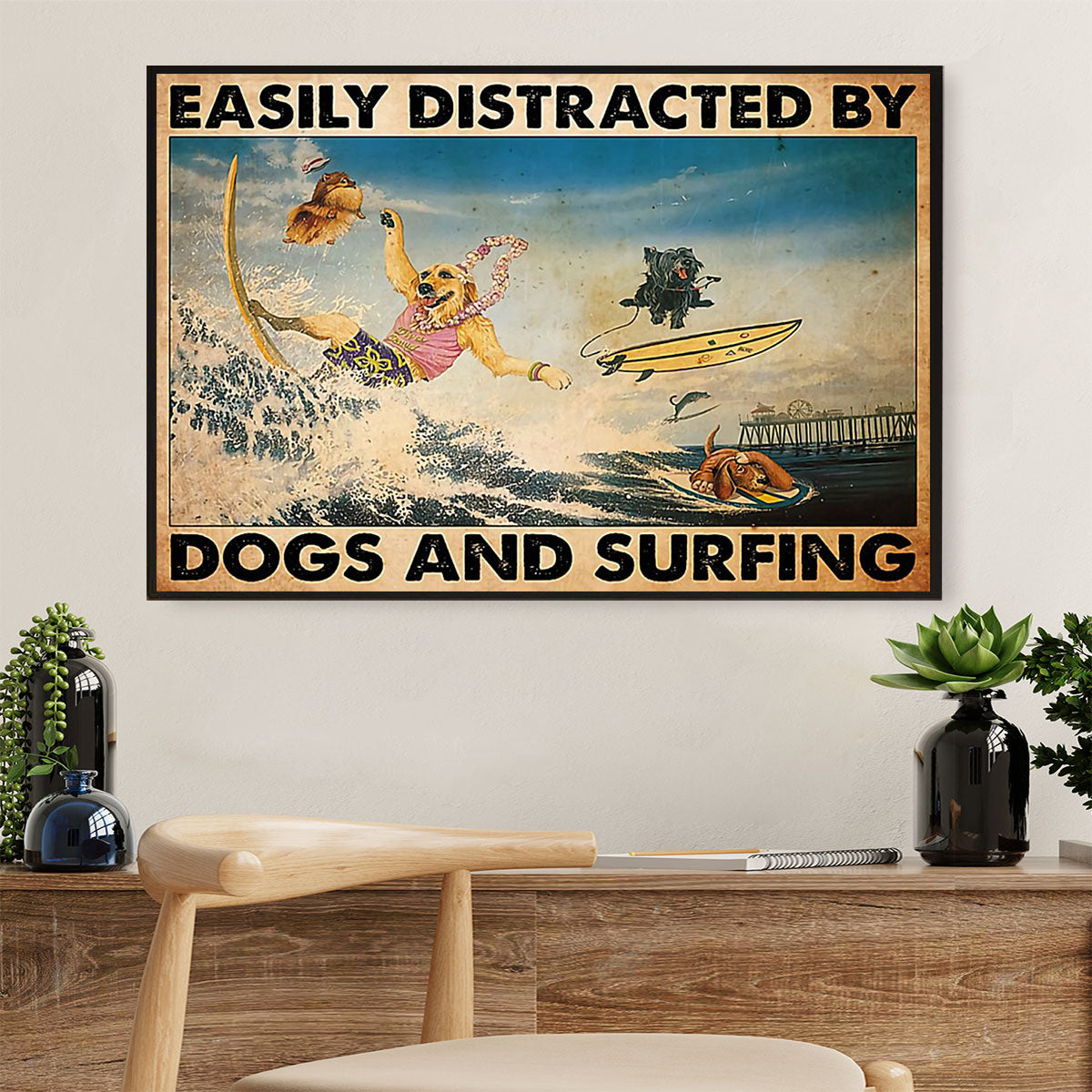 Water Surfing Canvas Wall Art Prints | Distracted By Dogs & Surfing | Home Décor Gift For Beach Surfer