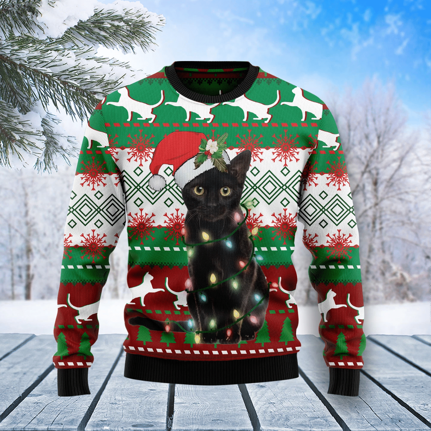 Black Cat Light Christmas Ugly Sweater