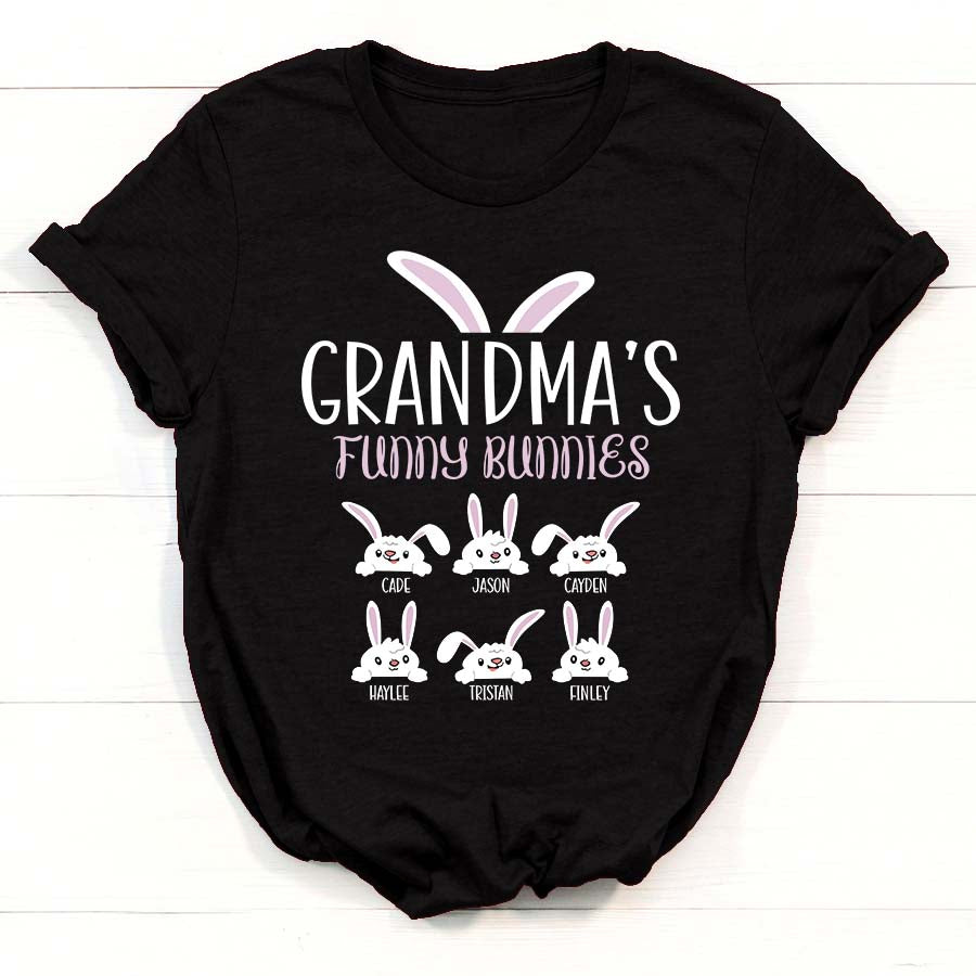 Personalized T-Shirt Grandma’S Funny Bunnies Cute Bunny With Funny Face Printed Custom Grandkids Name Easter Shirt