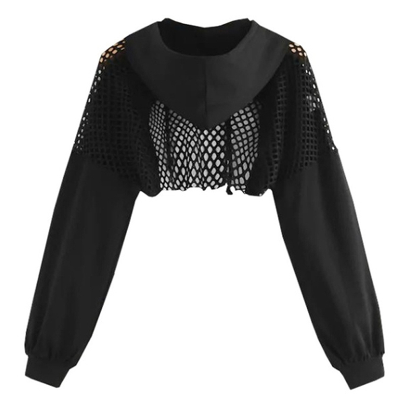 Black Hoodies For Women 2022 Hollow Out Crop Tops Mesh Patchwork Short Sweatshirt Long Sleeve Autumn Tops And Pullovers alx