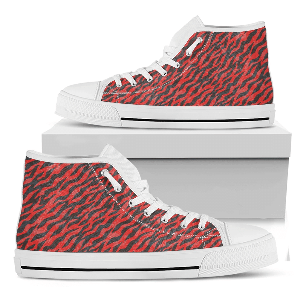 Black And Red Tiger Stripe Camo Print White High Top Shoes For Men And Women