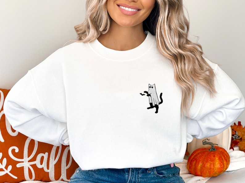 Cat Ghost Halloween Embroidered Sweatshirt Crewneck Sweatshirt All Over Print Sweatshirt For Women Sweatshirt For Men Sws2708