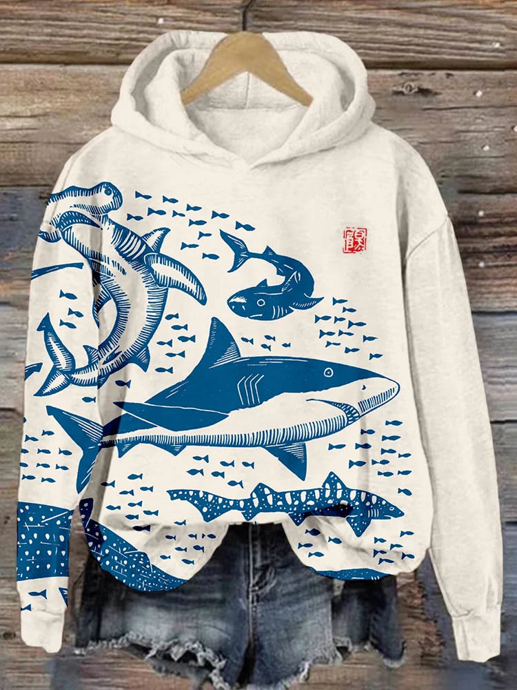 Sharks Japanese Lino Art Graphic Comfy Hoodie