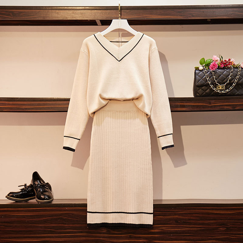 Two-piece Sweater Dress Women V-Neck Knit Dress Set Elegant Autumn Winter Sweater Dress Suits Long Sleev Sweater Skirt Suits Set alx