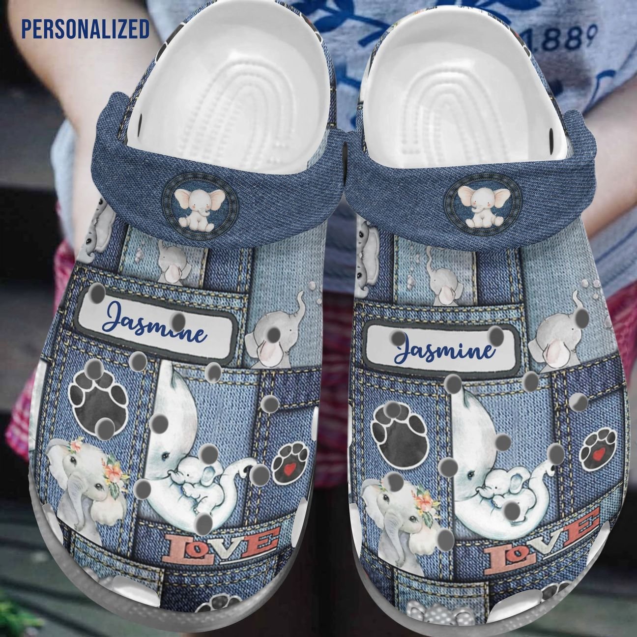 Elephant Personalized Personalize Clog, Custom Name, Text, Fashion Style For Women, Men, Kid, Print 3D Whitesole Elephant Jean Pattern