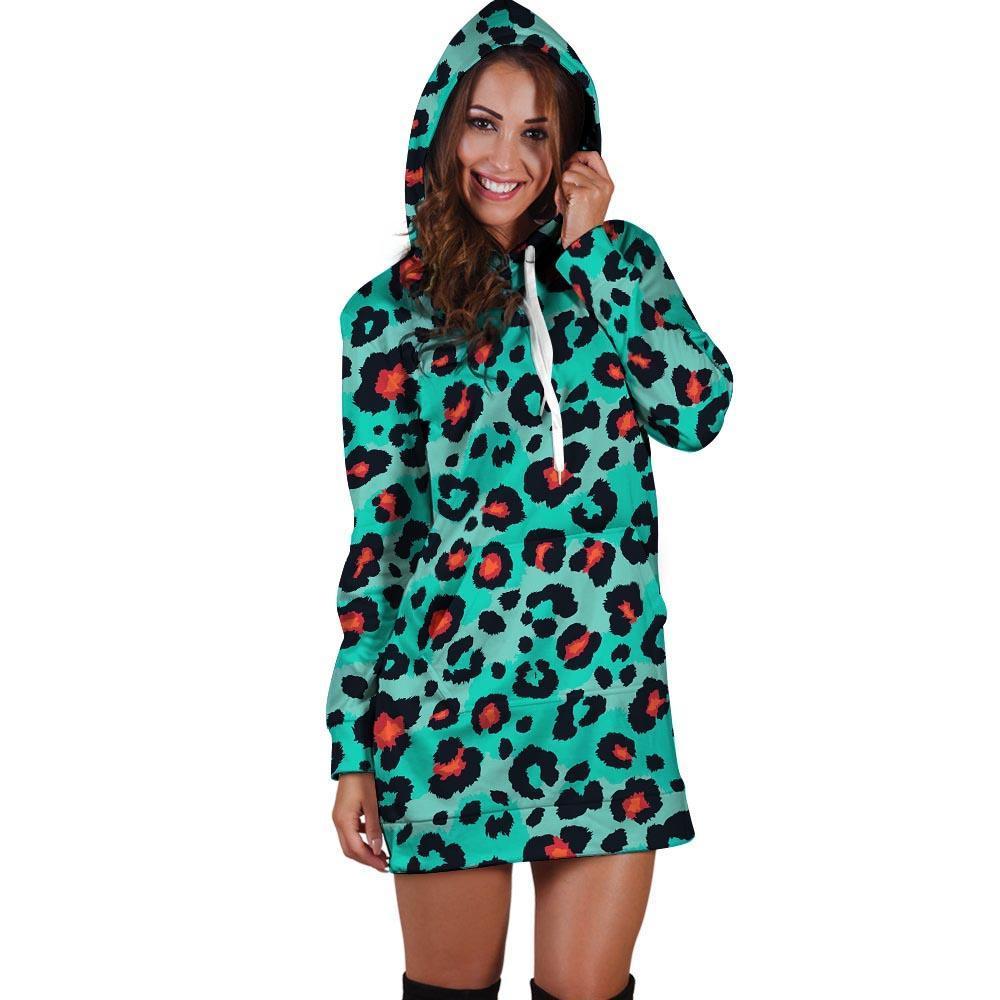 Teal Leopard Hoodie Dress