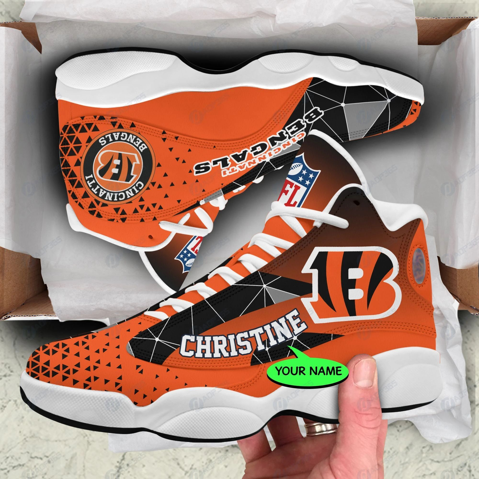 Personalized Cincinnati Bengals Triangle Black Orange Air Jordan 13 Printing Shoes Sneaker