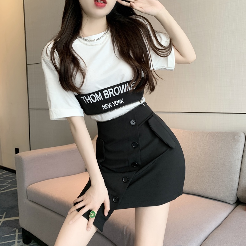 2022 New Solid Color White T-Shirt + Fashionable Sling Detachable Dress Strap Short Skirt Set Summer Two Piece Set alx