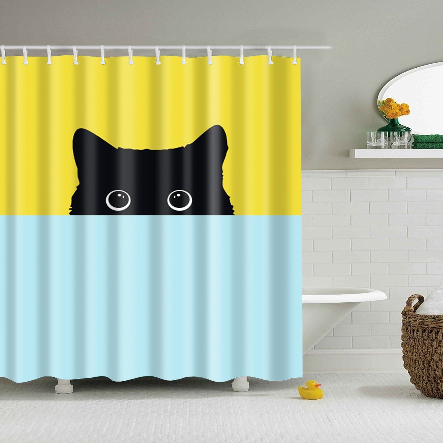 Yellow And Blue With Black Cat 3D Printed Shower Curtain Gift Home Decor