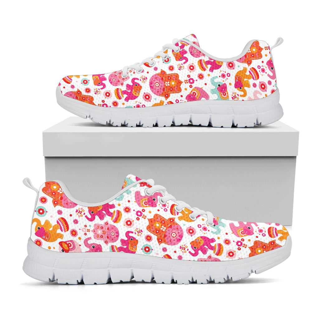 Girly Elephant And Hamsa Pattern Print White Sneakers