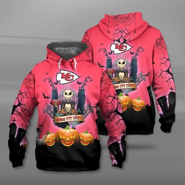 Kansas City Chiefs Halloween With Jack Skellington Pink Super Bowl 3D Pullover Hoodie