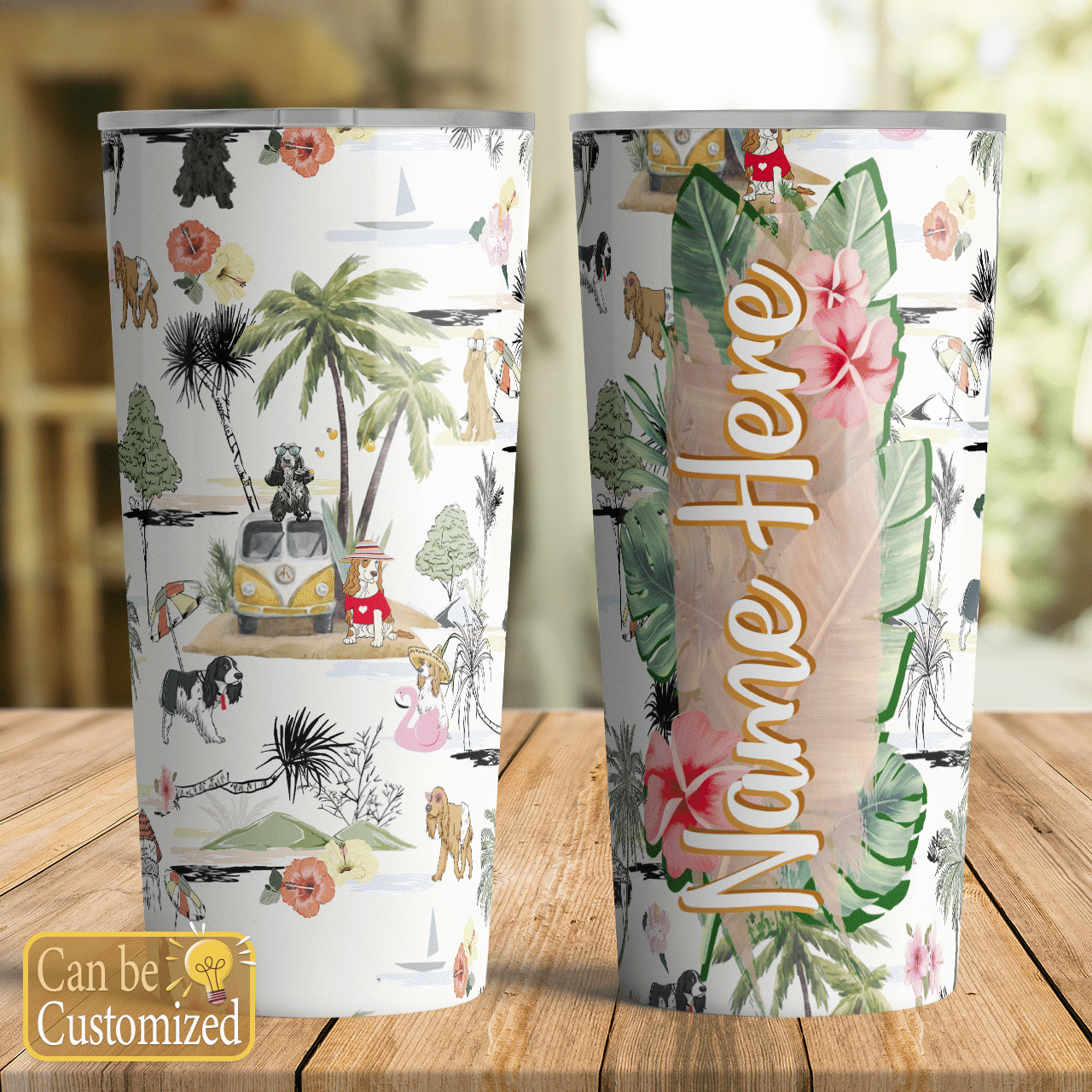 Cocker Spaniel Custom Name Tumbler Hawaiian Beach Retro Ha107333