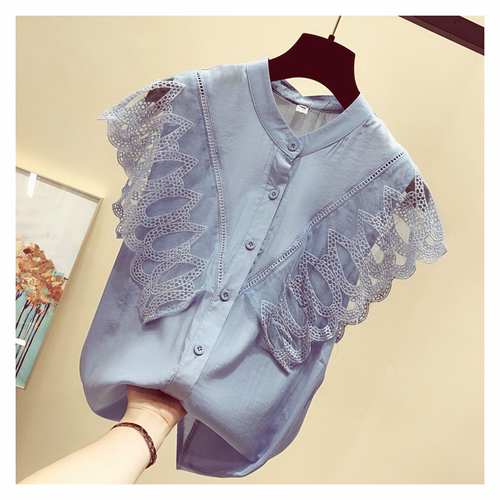 Summer Lace Blouse Women New Short Sleeve Ruffle Stitching Chiffon Shirt V-neck Slim Sweet Solid Korean Chic Tassel Tops 13497 alx