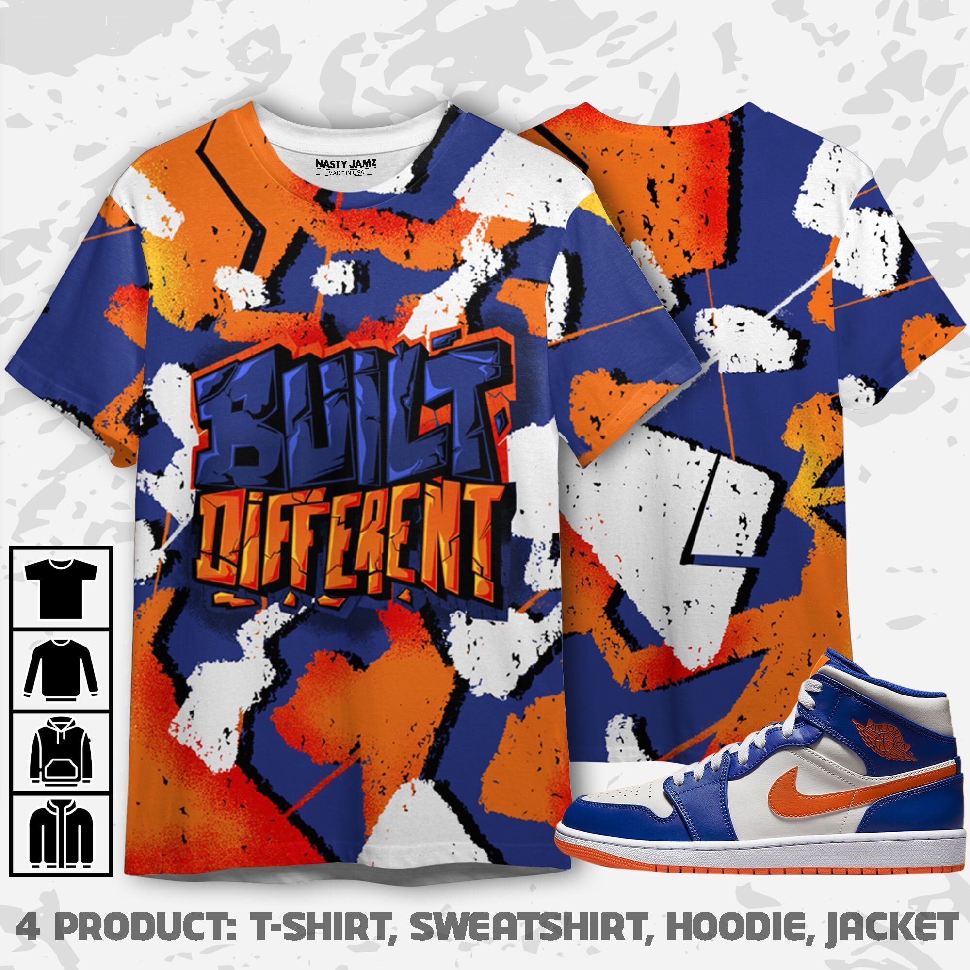 Built Different 3D Broken Unisex Sneaker Shirt match Jordan 1 Mid Wheaties Knick Built Different Tees , Shirt match To Sneaker