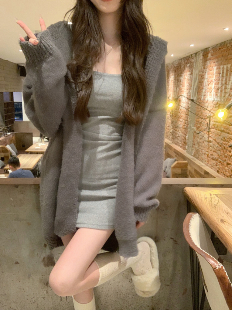 2022 Autumn Elegant Sweater Coats with Hooded Women Pure Color Knitted Cardigan Y2k Clothing Korean Fashion Outwear Office Lady alx