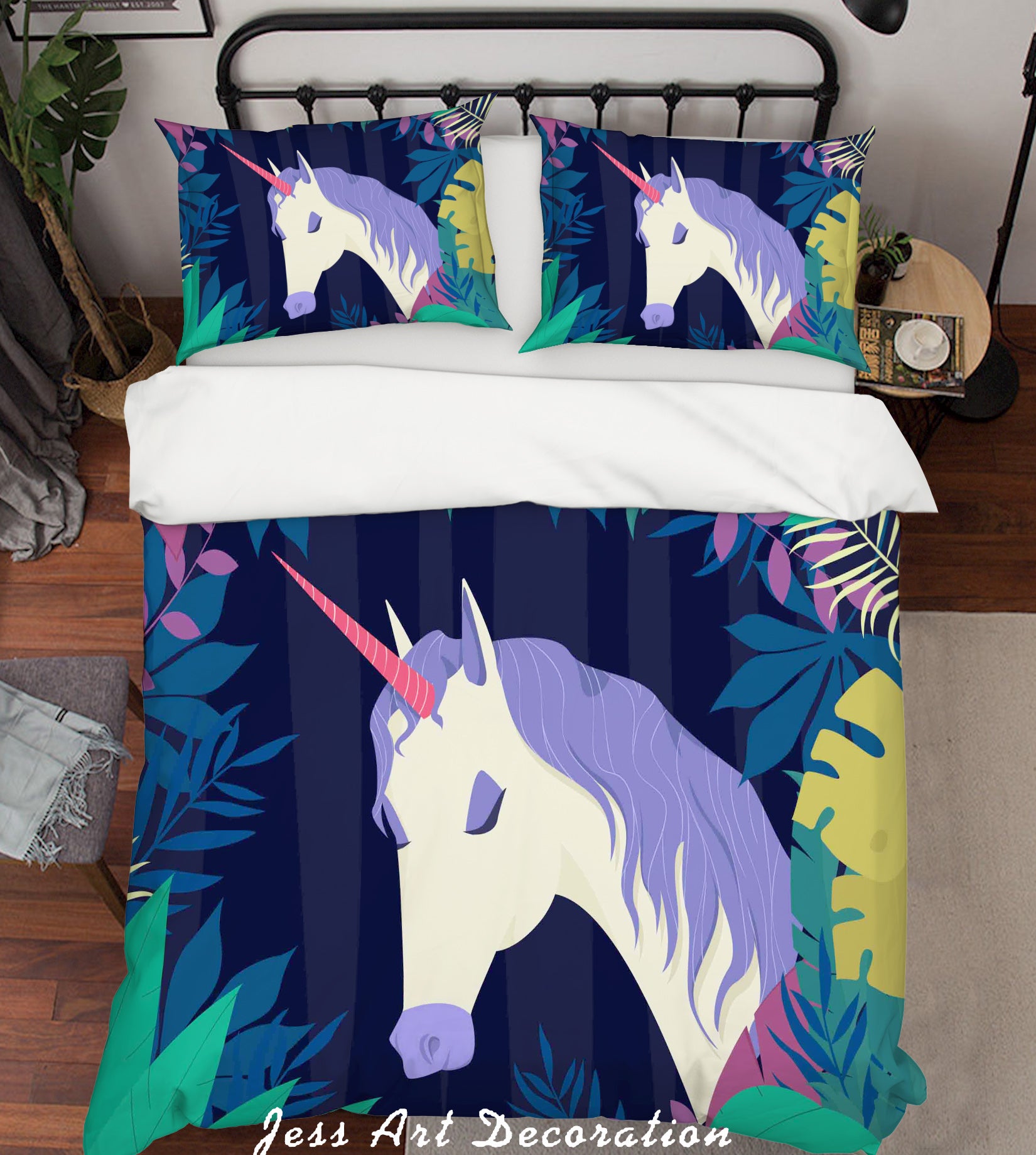 3D Blue Unicorn Leaves Quilt Cover Set Bedding Set Pillowcases 31