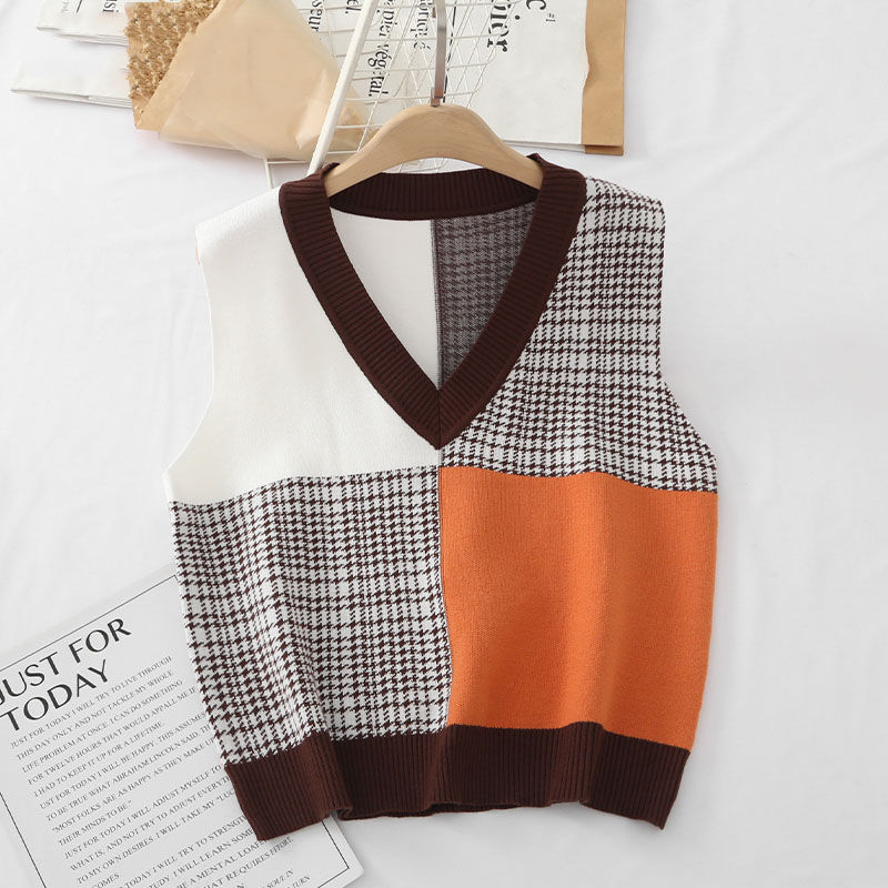 Sweater Vests Women Patchwork Retro Simple Loose V-neck Autumn Casual Basic All-match Korean Style Femme Daily Fashion Knitting alx