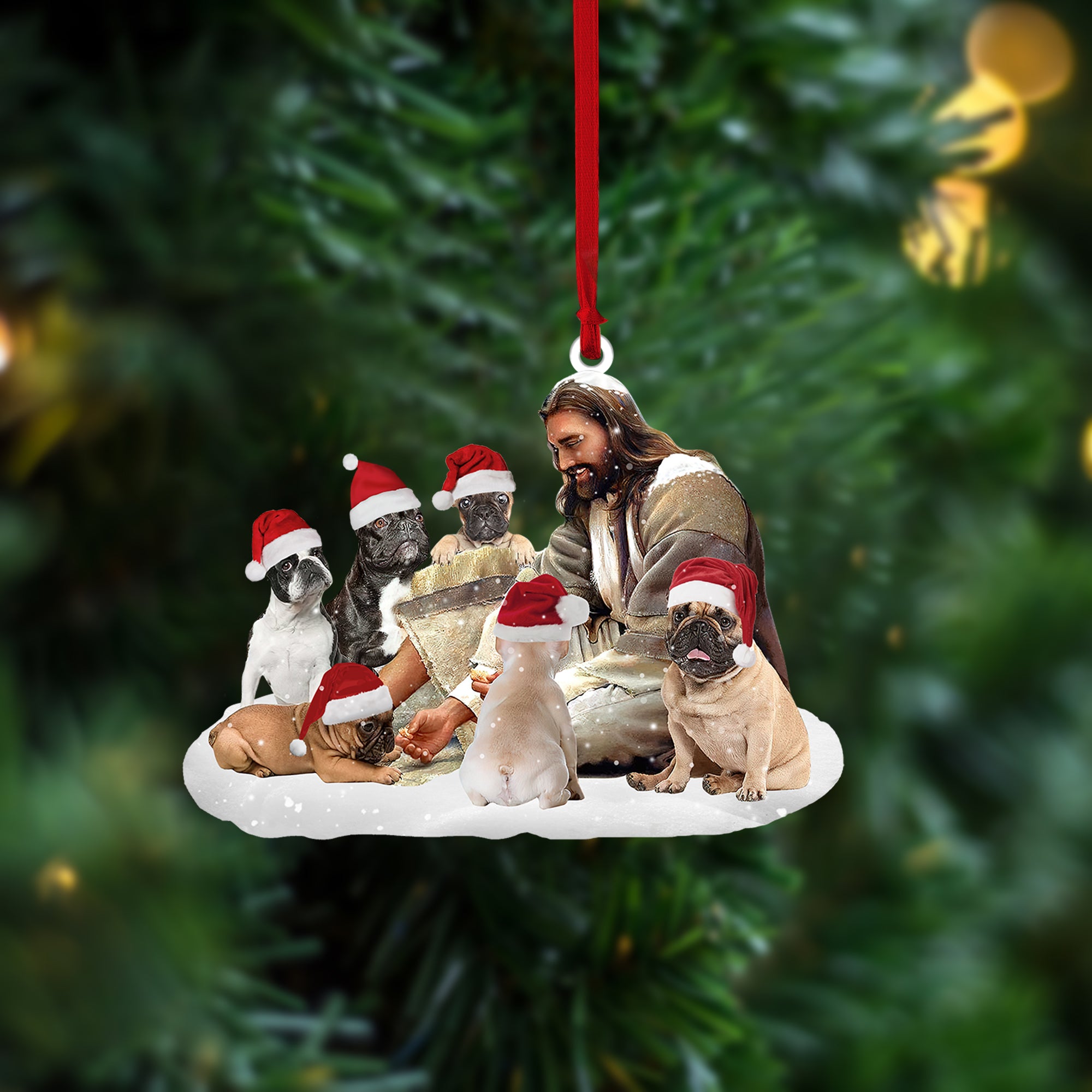 French Bulldog Frenchie And Jesus Christ Acrylic And Wooden Ornament, Christmas Gift Decoration For Dog And God Lovers