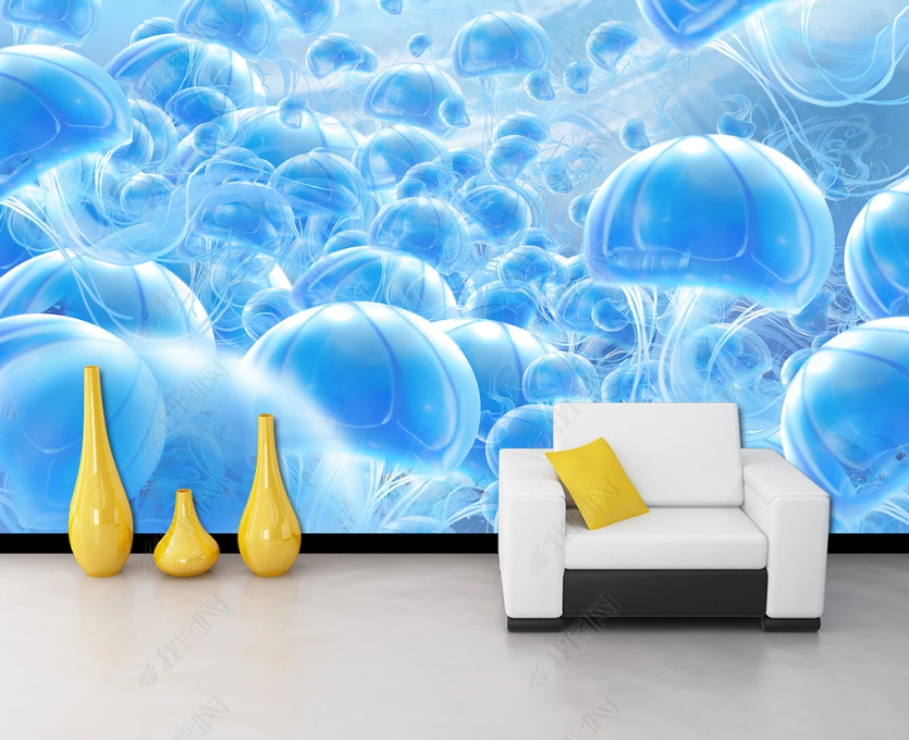 3D Animal Blue Jellyfish Wall Mural Wallpaper Lqh 235