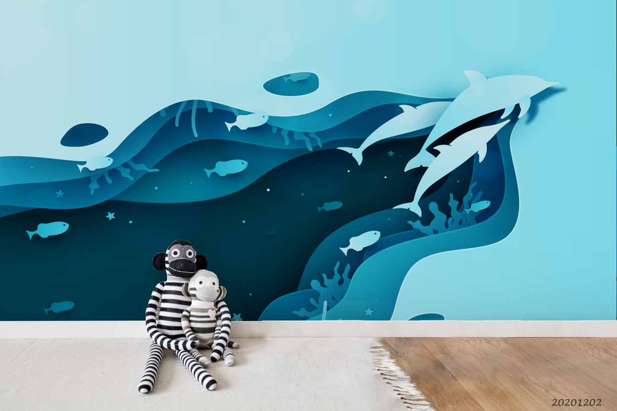 3D Hand Drawn Cartoon Ocean Dolphins Paper Style Wall Mural Wallpaper Lxl