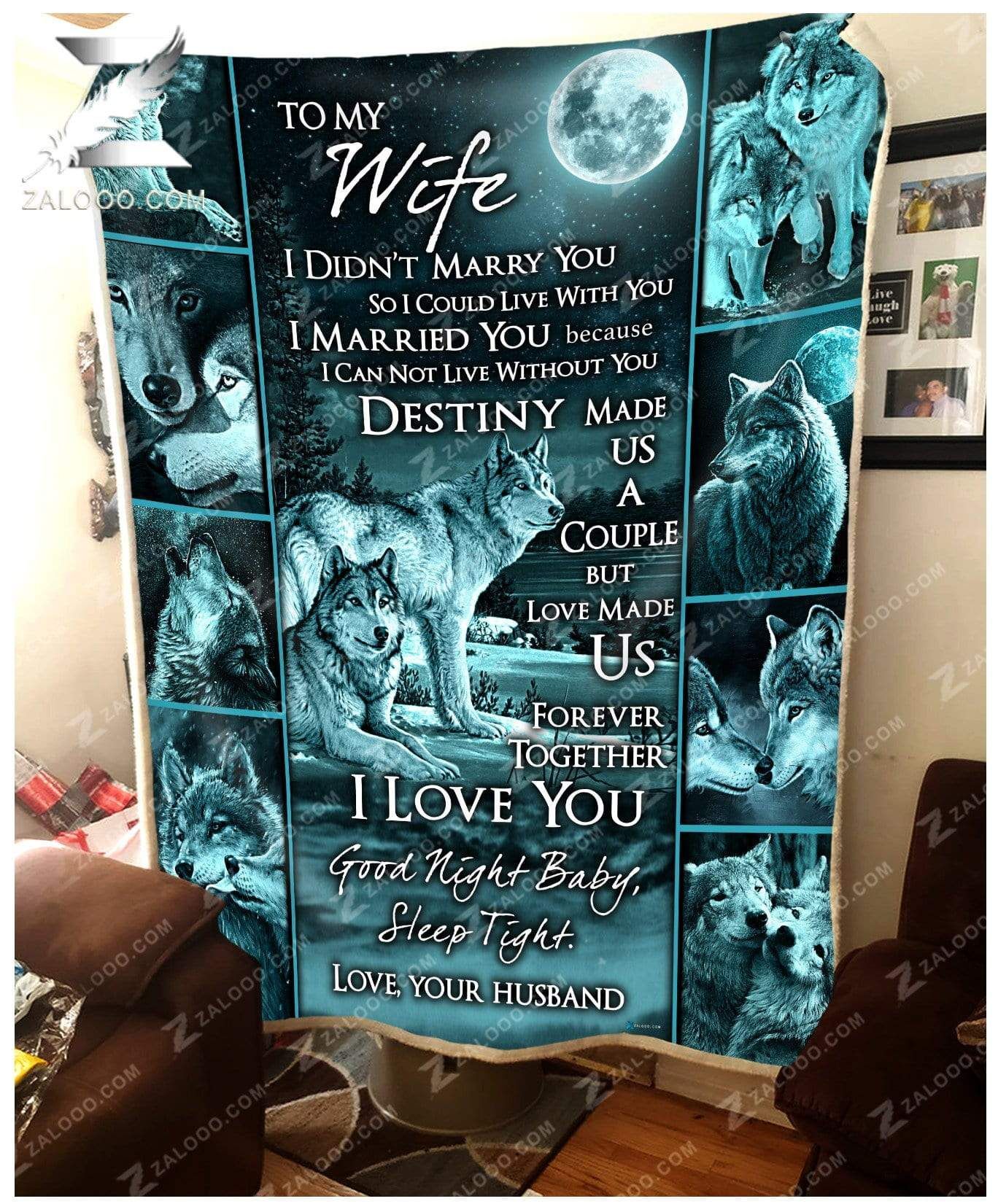 – Custom Fleece Blanket – Wolf – To My Wife – Destiny