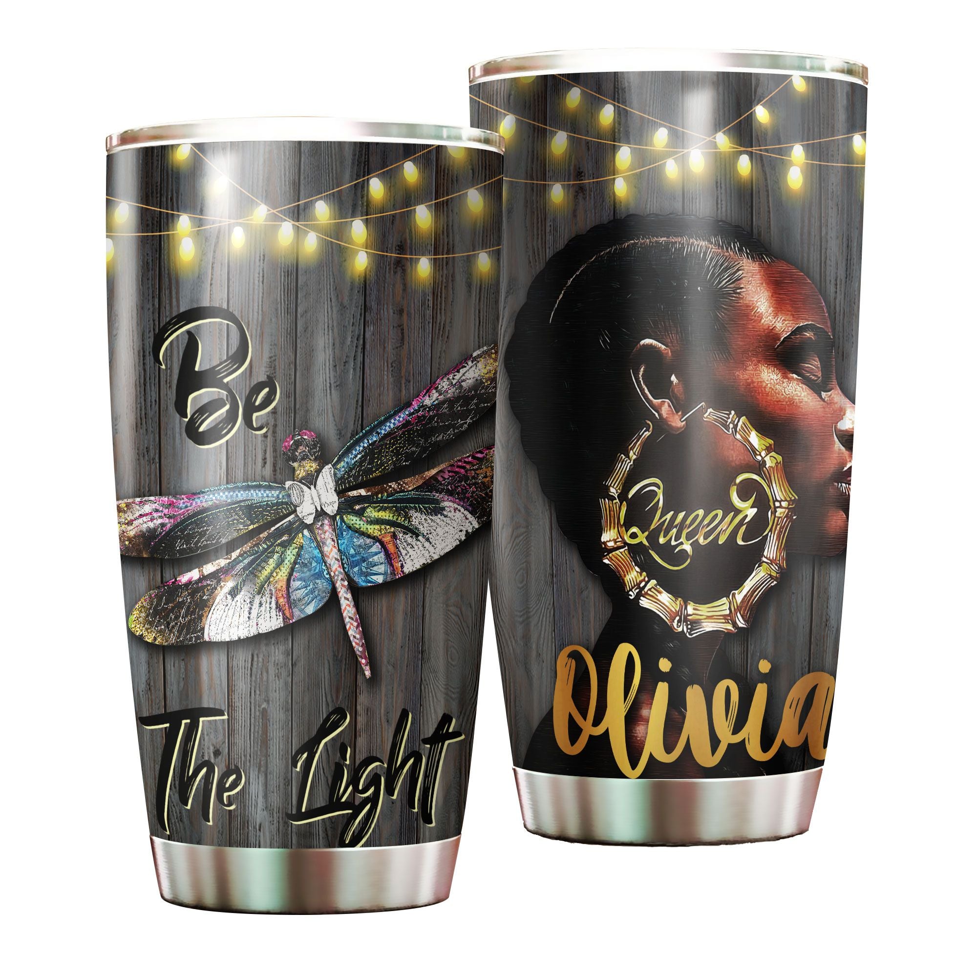 Personalized Colorful Dragonfly Black Queen Be The Light Stainless Steel Tumbler – Customized Double-Walled Insulation Travel Thermal Cup With Lid