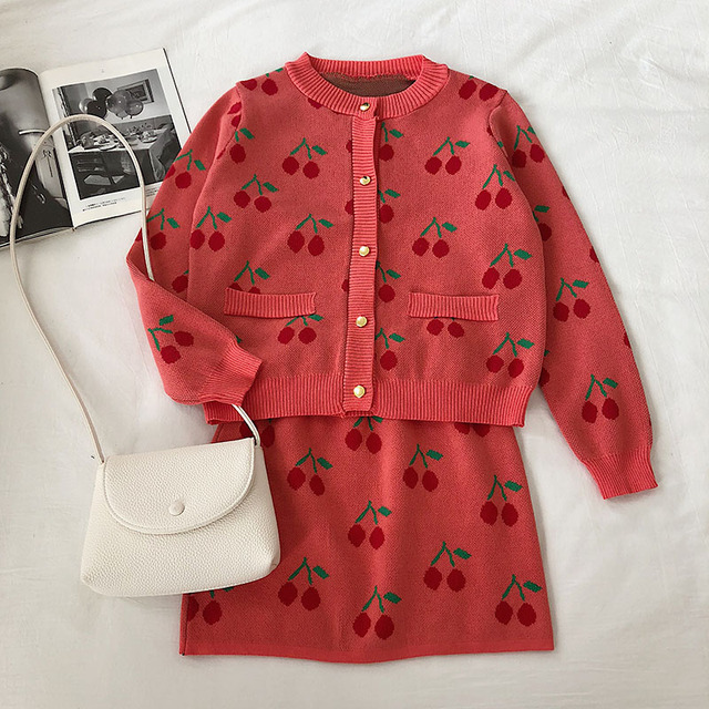 Causal Pajama Sets Women skirts and Fruit-Partterned Sweater Cardigan Two Pieces Sets Casual Basic 2020 Autumn Sets alx