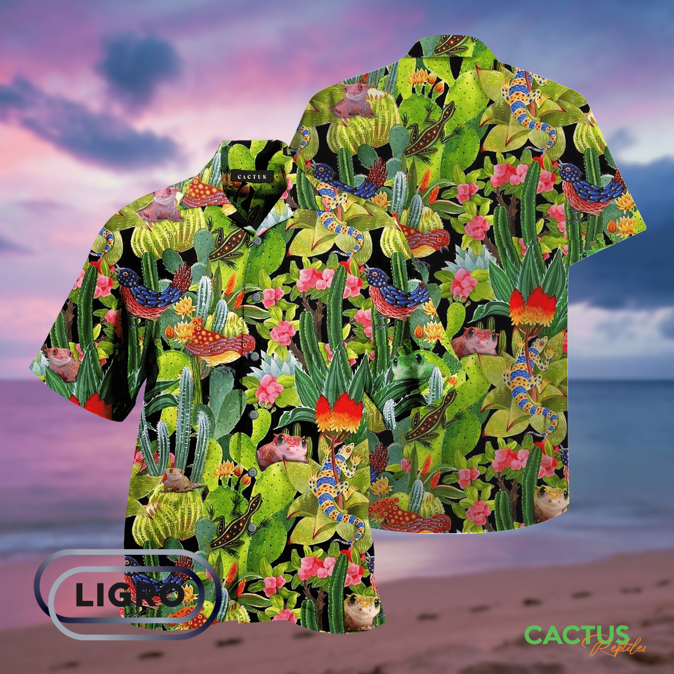 Tropical Cactus And Reptiles Cute Unisex Hawaiian Shirt Dh