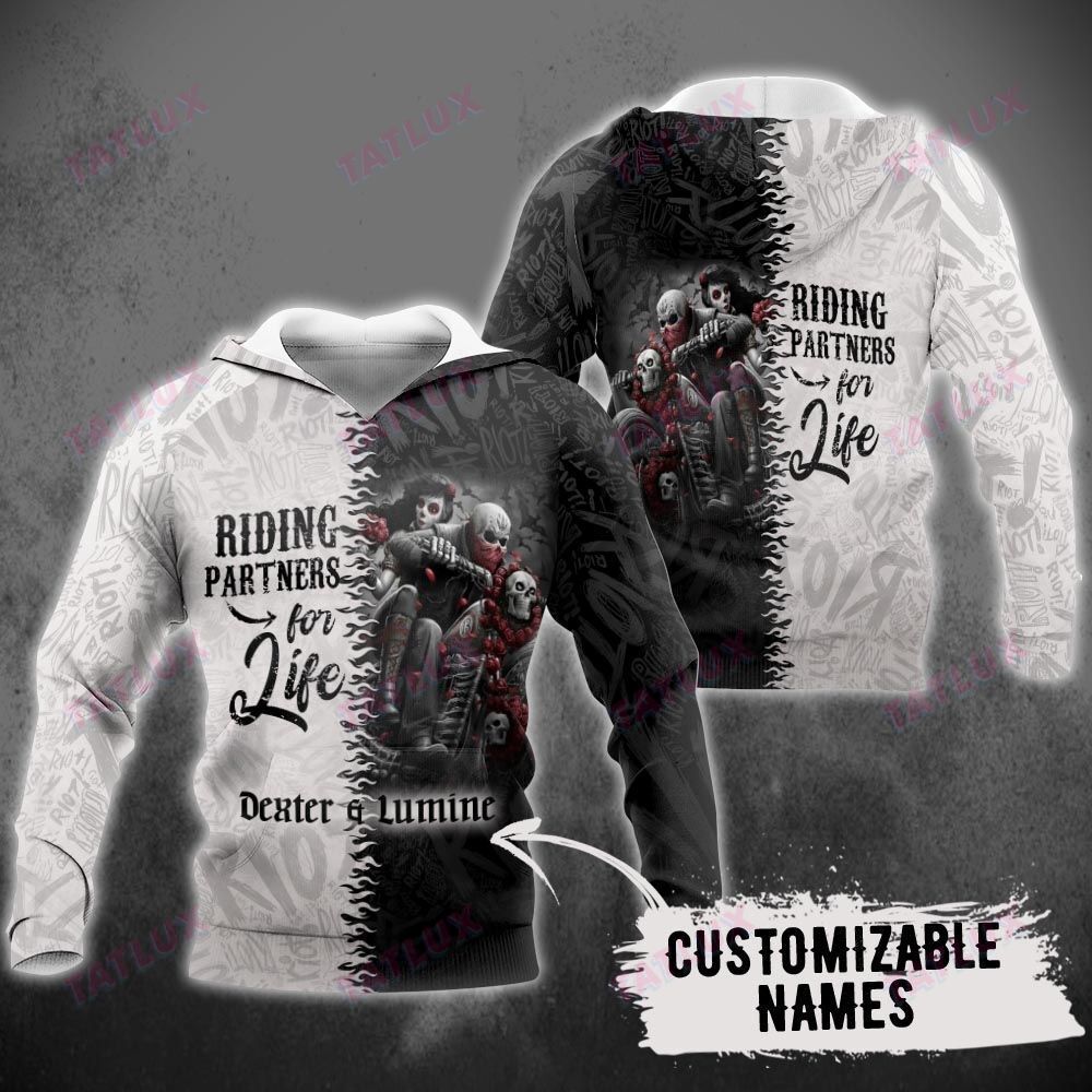 Skull Couple Riding Partner For Life Custom 3D All Over Printed Shirt, Sweatshirt, Hoodie, Bomber Jacket Size S – 5Xl