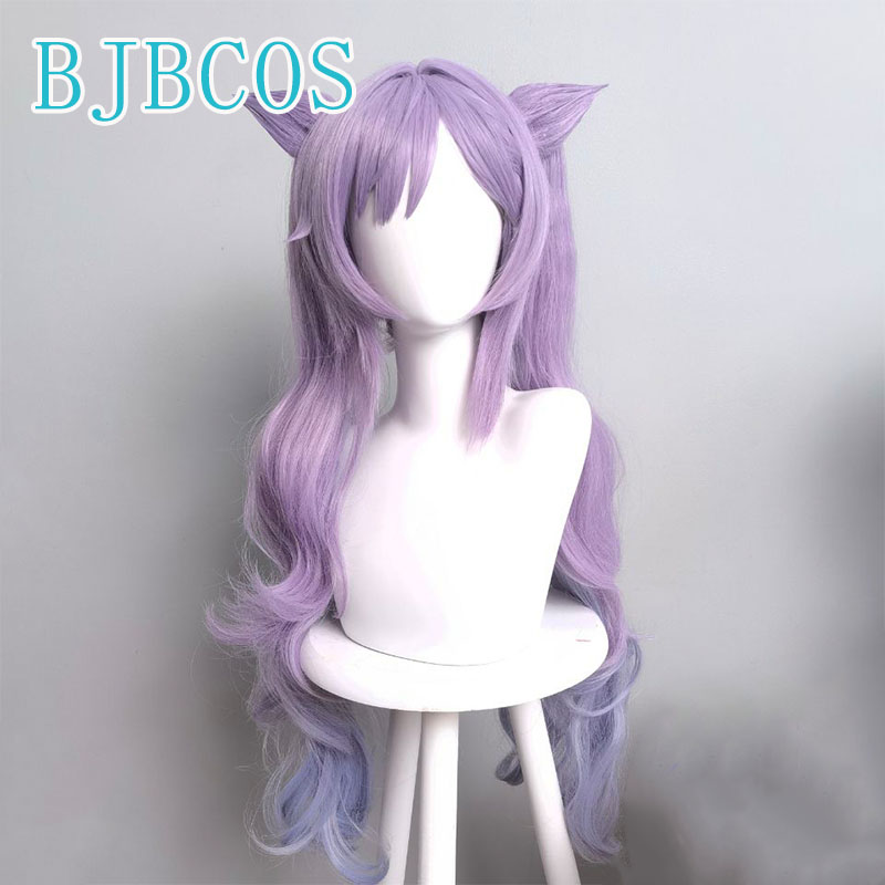 【Custom】Genshin Impact Keqing Cosplay Wig Purple Long Curly Ponytails Ears Horns Pigtails Women Halloween Free Wig Cap alx