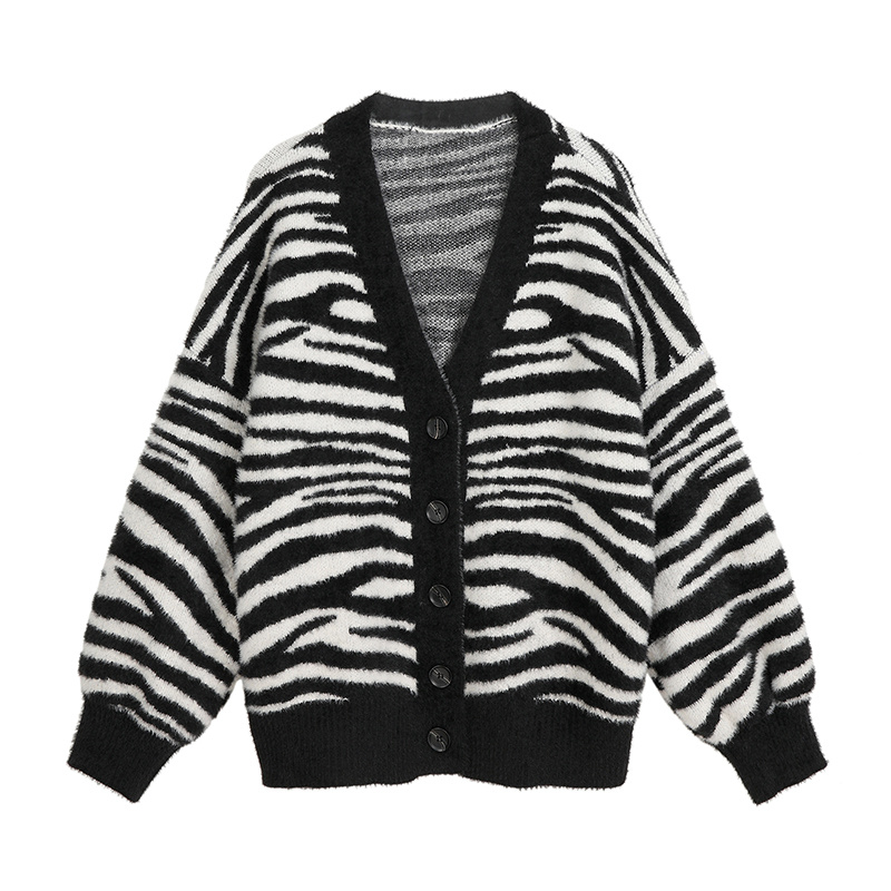 Women Sweater Jacket 2021 Oversized Knitted Cardigans V-neck Loose Vintage Zebra Print Jumpers Long Sleeve Elegant Female Coat alx