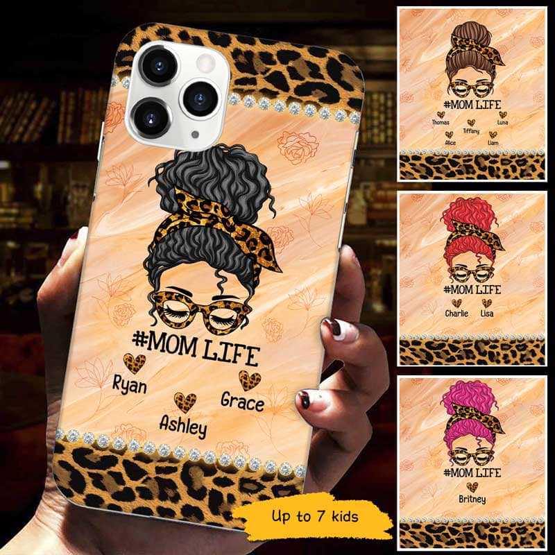 Leopard Messy Bun Mom Life Personalized Phone Case