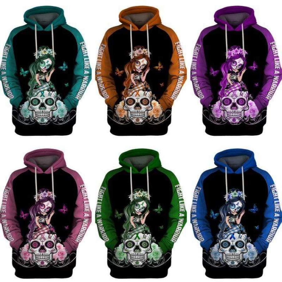 Fight Like A Warrior Sugar Skull Girl Cancer Awareness 3D Over Print Hoodie Shirt #HL