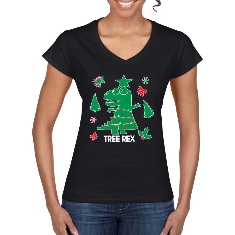 Christmas Trex Tree Rex Ugly Christmas Sweater Christmas Women’s Standard V-Neck Tee