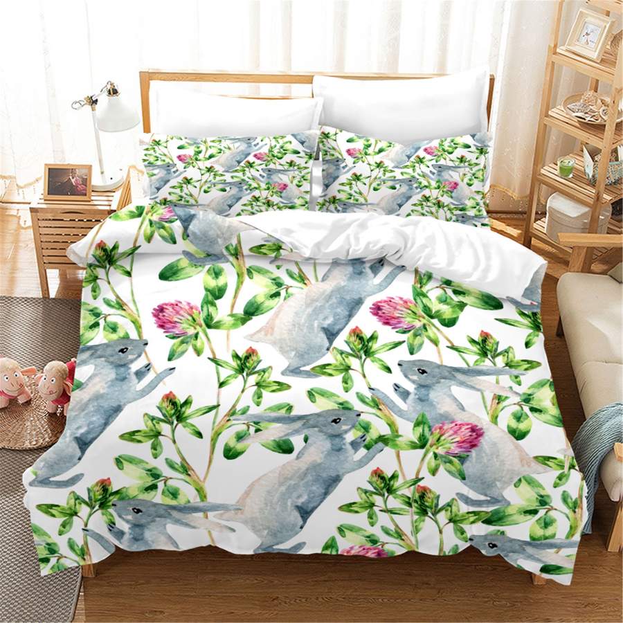 3D Rabbit Flowers Quilt Cover Set Bedding Set Duvet Cover Pillowcases SF05