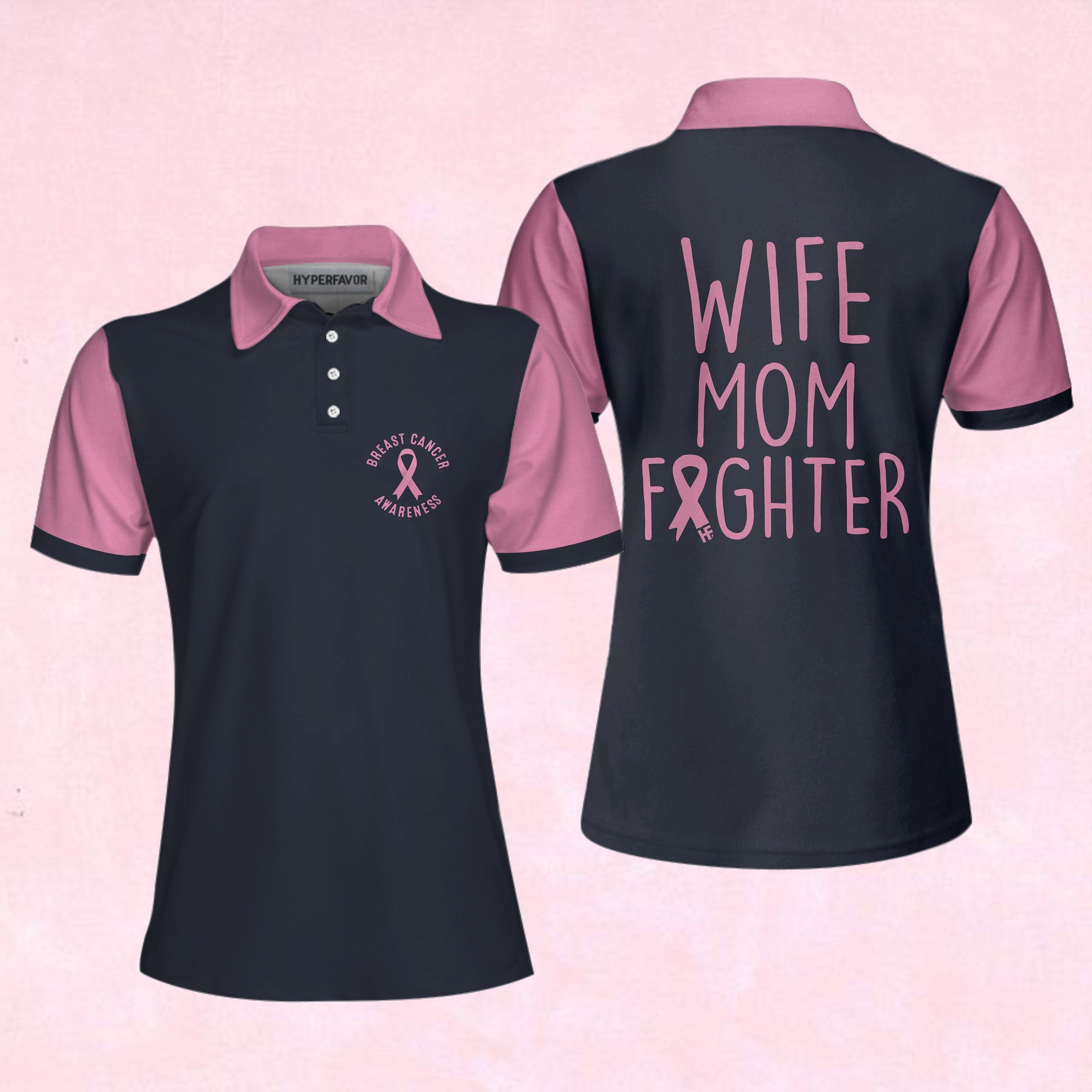 Wife Mom Fighter Short Sleeve Women Polo Shirt, Black And Pink Breast Cancer Ribbon Shirt For Mom Coolspod