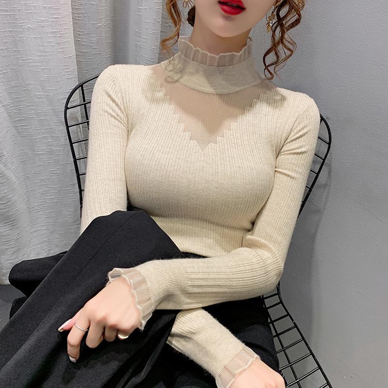 Woman Sweaters Chandails Women’s Half Turtleneck Lace Stitching Hollow out Sweater Western Style Slim Fit Inner Knitted Blouse alx