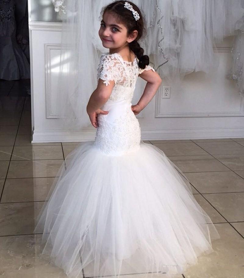 2016 Lace Mermaid Flower Girls’ Dress Floor Length Short Sleeves Lace Organza Flower Girls’ Dresses Hot Mermaid Girl Party Gowns alx