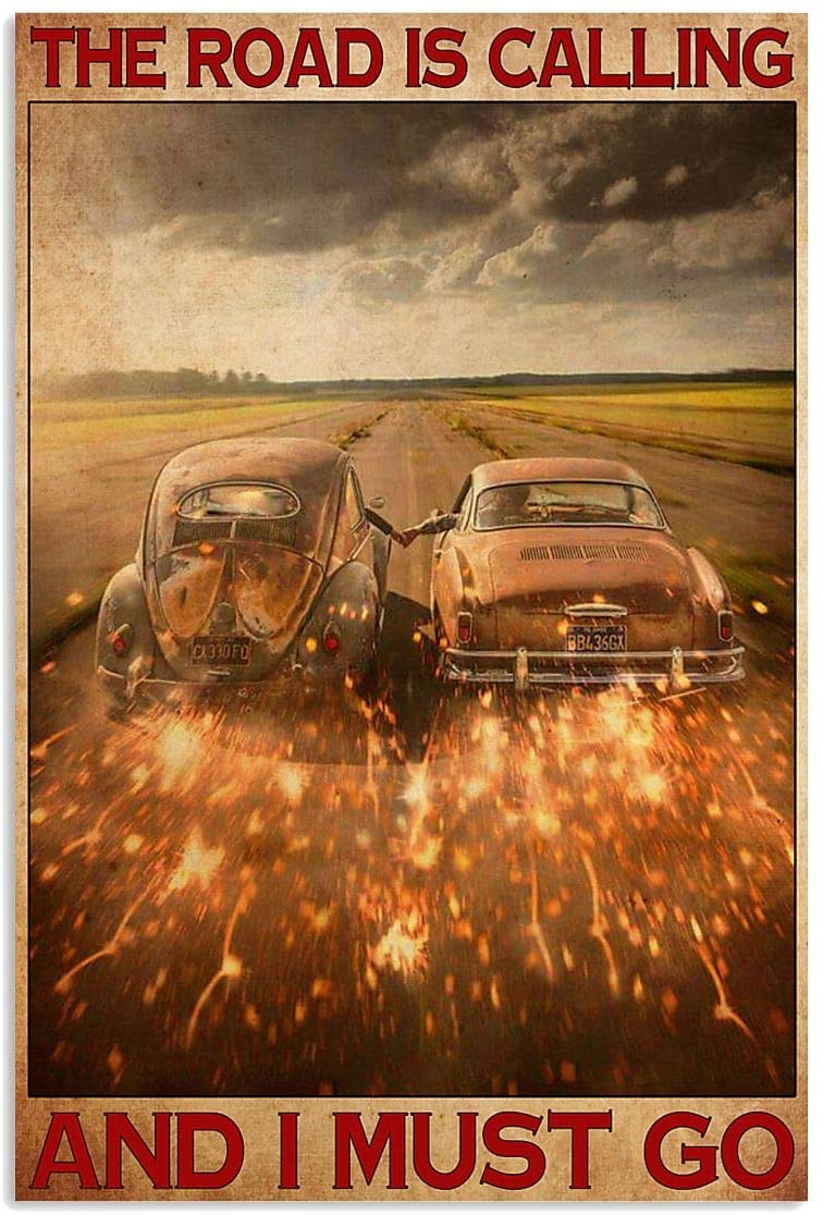 Vintage Car Racing Fire – Road Calling Must Go Poster Art Print      Home Decor Gift For Men Women Family Friend On Birthday Xmas