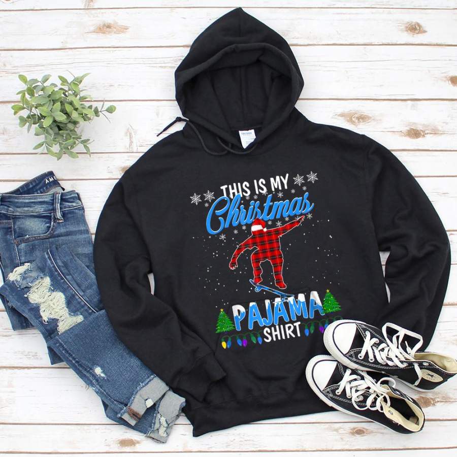 Skateboarder this is my christmas pajama skateboarding xmas tree light plaid black hoodie for men and women S-5XL