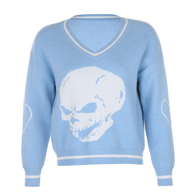 Casual Knitted Y2k Skull Print Fashion Women Hoodies Streetwear Long Sleeve Pullover V Neck Sweatshirt Autumn Winter Korean Tops alx