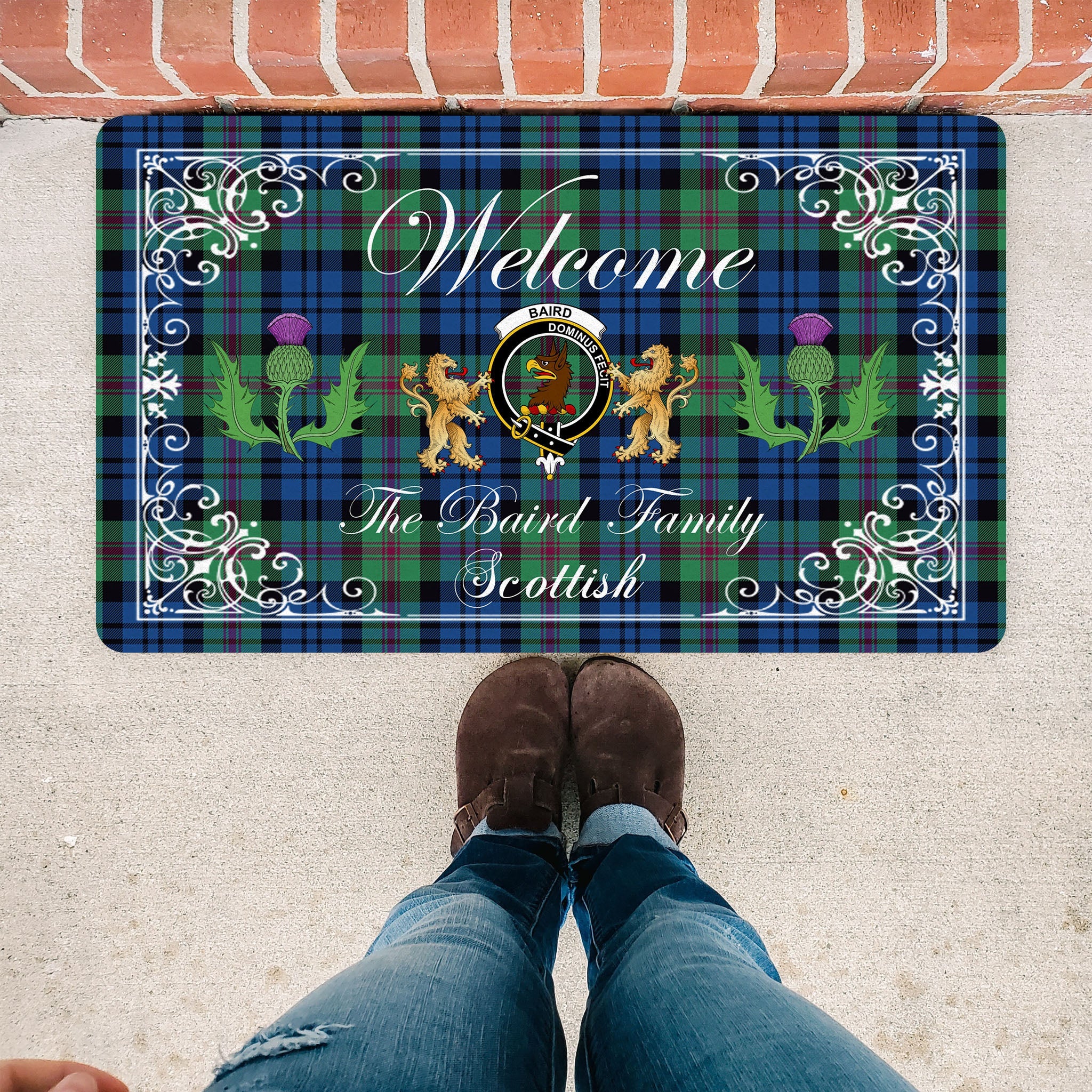 Scotstee Shop Tartan Door Mats Clan Baird Ancient Badge Tartan Thistle And Two Lion Scottish Plaid Doormat, Christmas Door Mat Gift