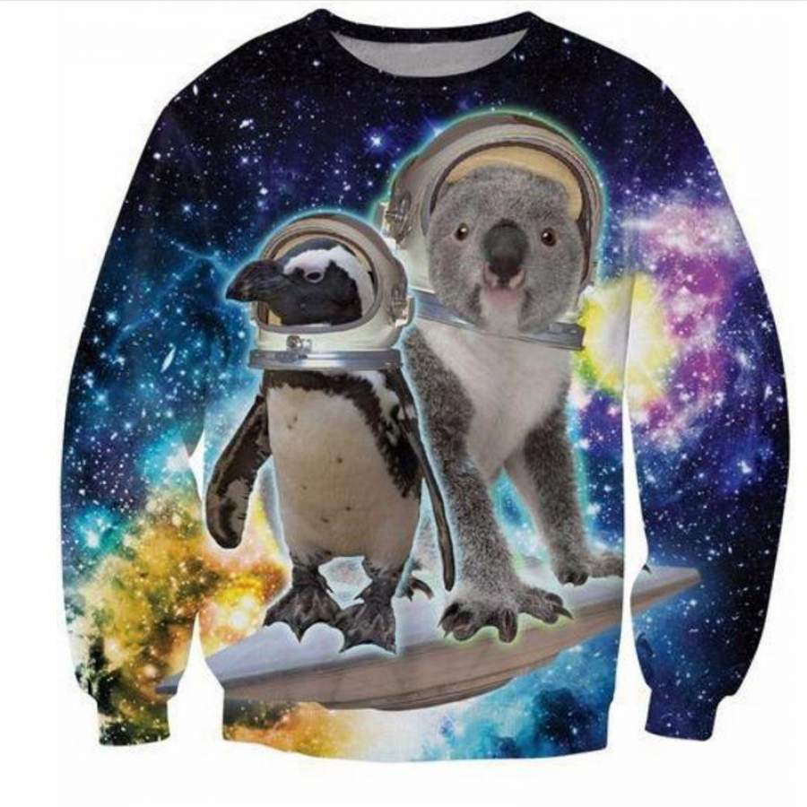 Koala & Penguin In Space All Over Print Dark Blue Crew Neck Sweatshirt