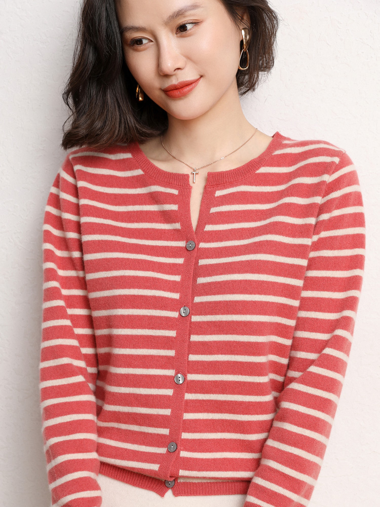 Autumn Winter New Round Neck Ladies Wool Cardigan Striped Knitted Bottoming Sweater Long-Sleeved Fashion Wild Ioose Temperament alx