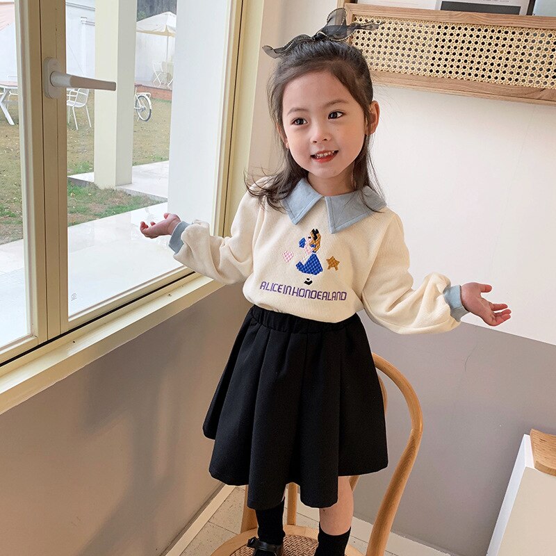 Spring Autumn cute girls fashion embroidery sweatshirts Cotton little princess turn-down collar Tops alx