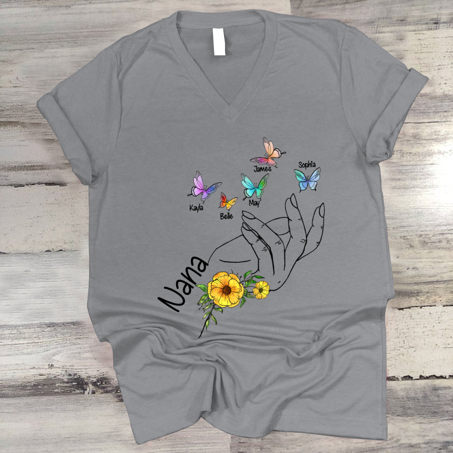 Grandma And Grandkids Flower Hands Butterfly V-Neck