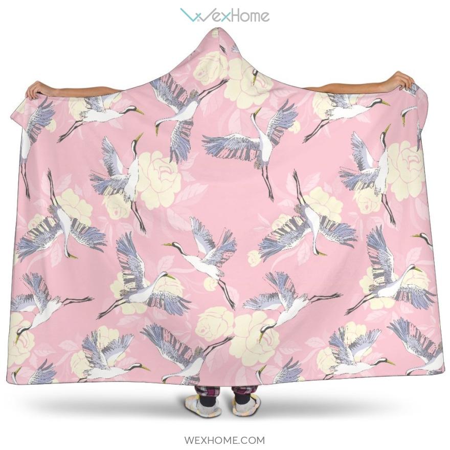 Japanese Crane Rose Pattern Hooded Blanket