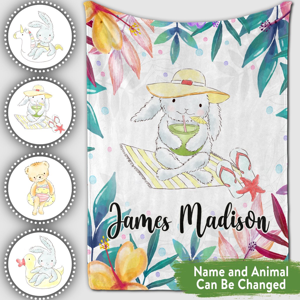 Personalized Baby Blankets With Name, Bunny, Bear Baby Blanket Floral Color For Boy And Girl Baby