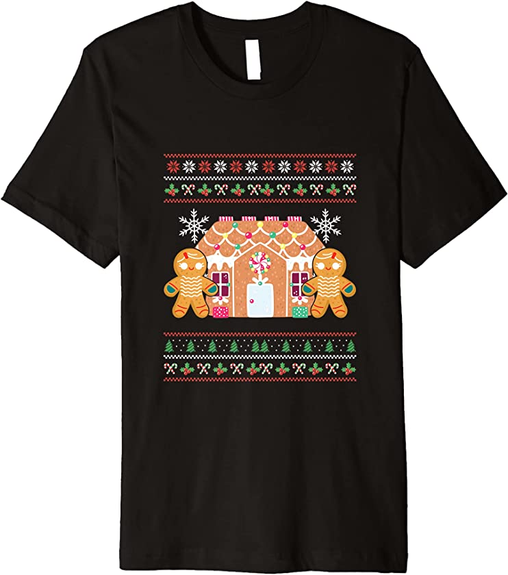 Ugly Christmas Gingerbread House Santa Claus New Year Deer Premium T-Shirt